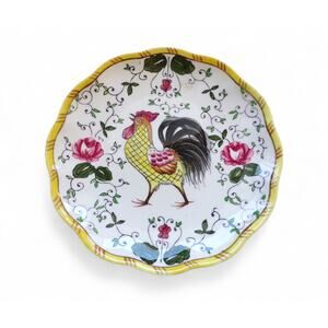 Early Provincial Rooster & Roses Pedestal Platter 1950's Handpainted Japan